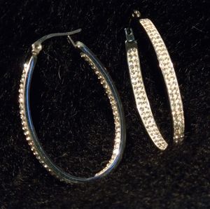 Stainless Steel silvertone inside/outside Pave Hoop earrings